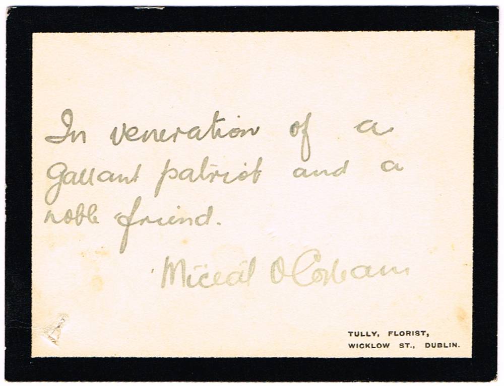 1917 (30 September).  Thomas Ashe funeral: floral tribute card written and signed by Michael Collins at Whyte's Auctions