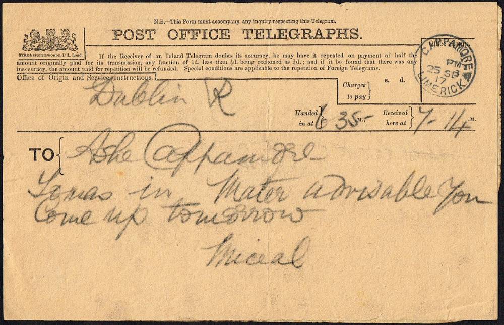 1917 (25-26 September) telegrams from Michael Collins and another to the Ashe family in Kerry. (3) at Whyte's Auctions