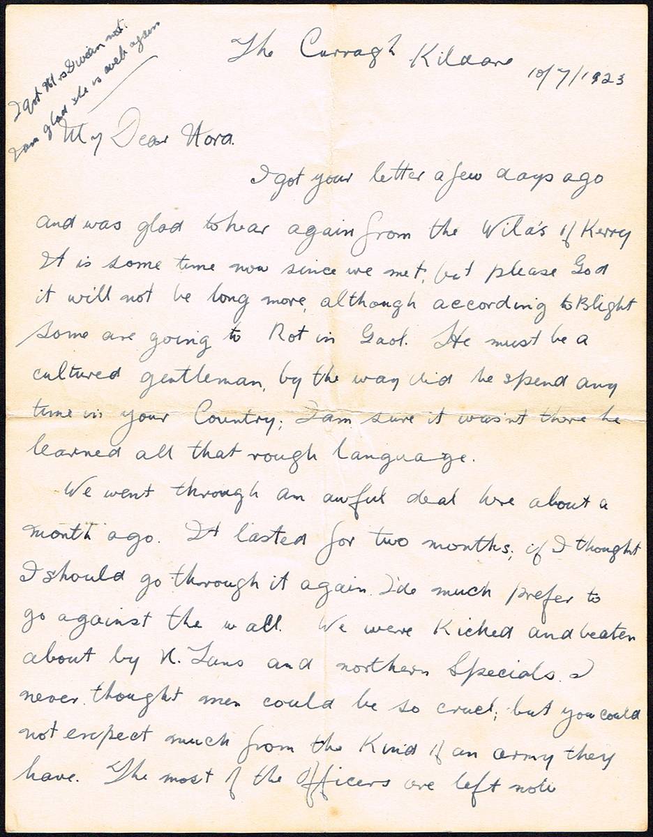 1923 (10 July). Smuggled letter from Curragh Internment Camp by Civil War prisoner describing illtreatment. at Whyte's Auctions