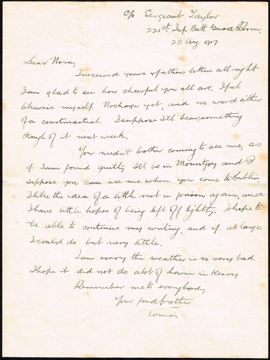 1917 (23 and 25 August) two letters from Thomas Ashe to his sister Nora, written while imprisoned in The Curragh Camp. at Whyte's Auctions