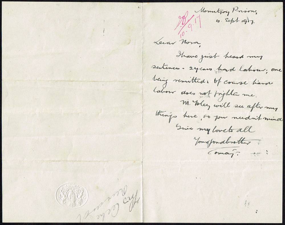 1917 (10 September) letter from Thomas Ashe in Mountjoy Prison to his sister Nora and another letter. (2) at Whyte's Auctions