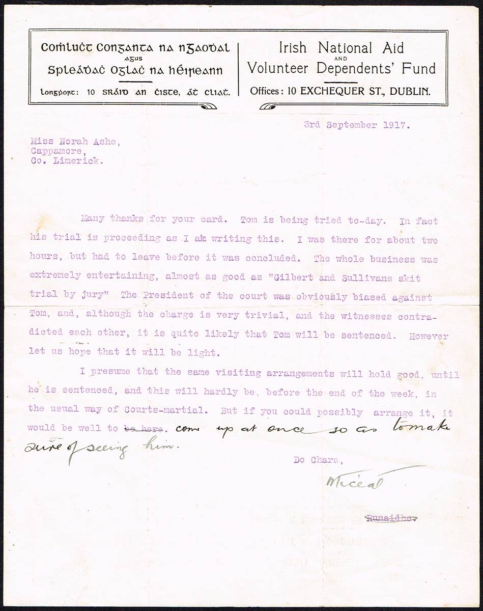 1917 (3 September) letter from Michael Collins to Nora Ashe. at Whyte's Auctions