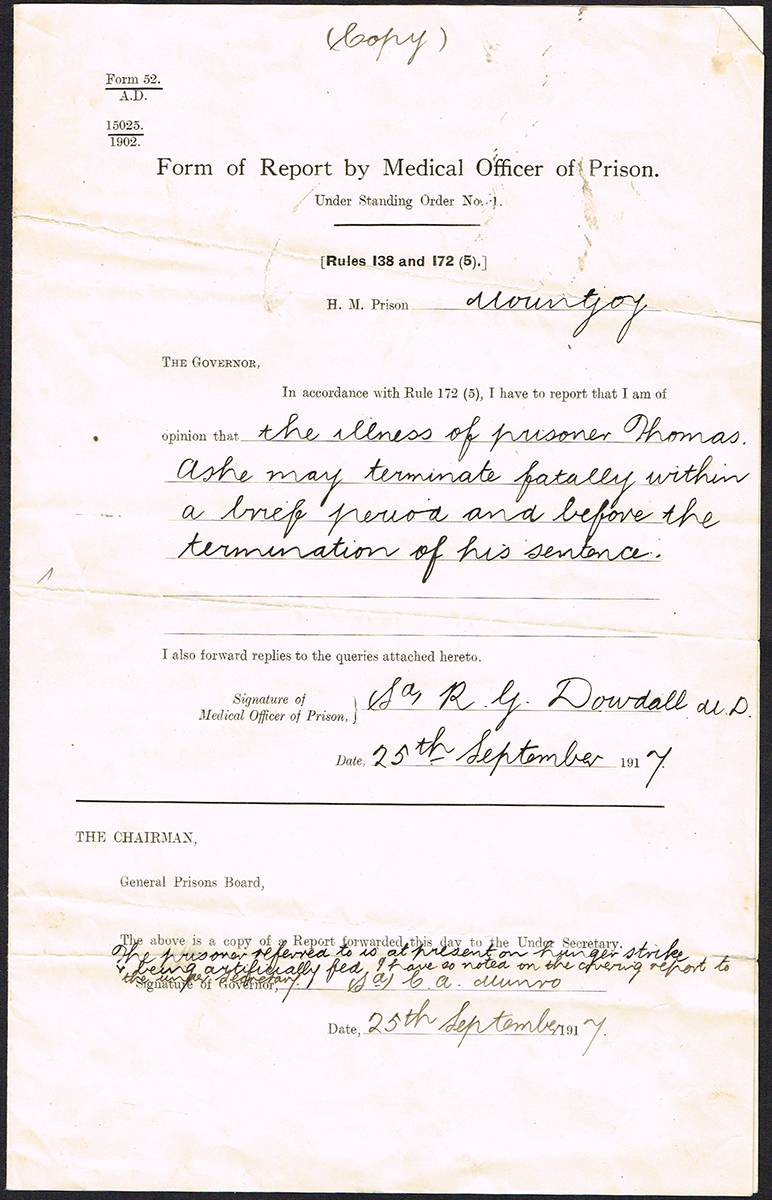 1917 (25 September) Mountjoy Prison doctor's report on Thomas Ashe at Whyte's Auctions