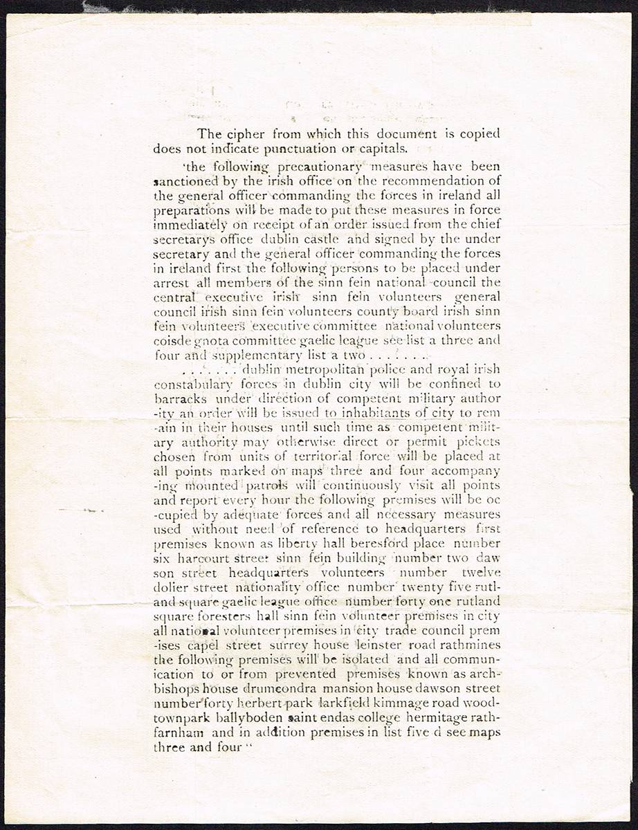 1916. The 'Castle Document' - the original printing, made by Joseph Plunkett and Rory O'Connor to deceive Eoin MacNeill. at Whyte's Auctions