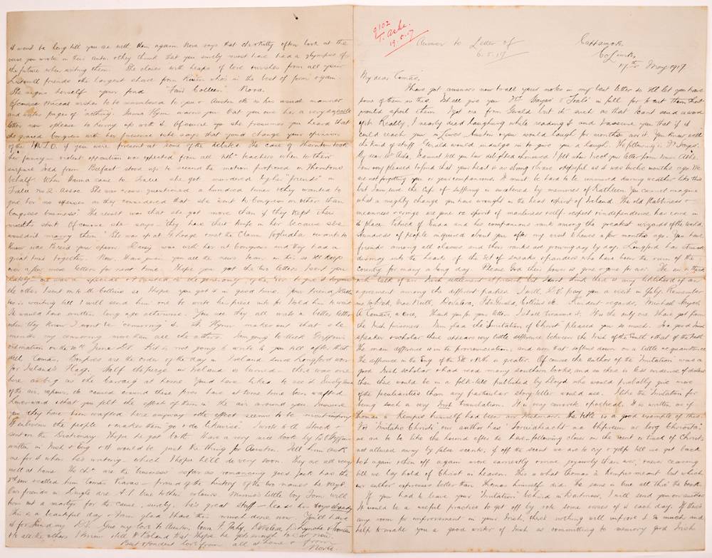 1917 (17 March to 17 May) three lengthy multi-correspondent letters to Thomas Ashe in prison in England. (3) at Whyte's Auctions