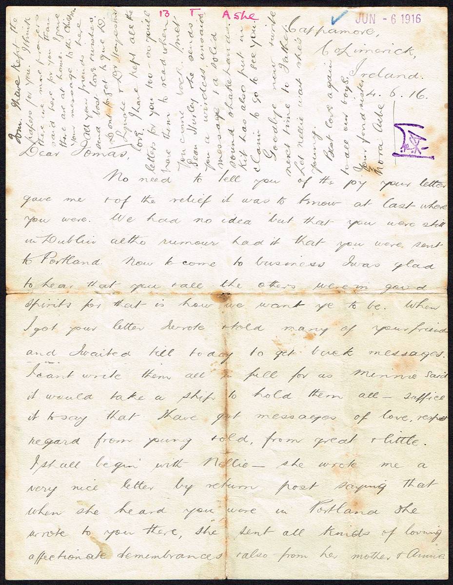 1916 (6 June and 7 July) letters to Thomas Ashe in Dartmoor from his sister Nora. at Whyte's Auctions