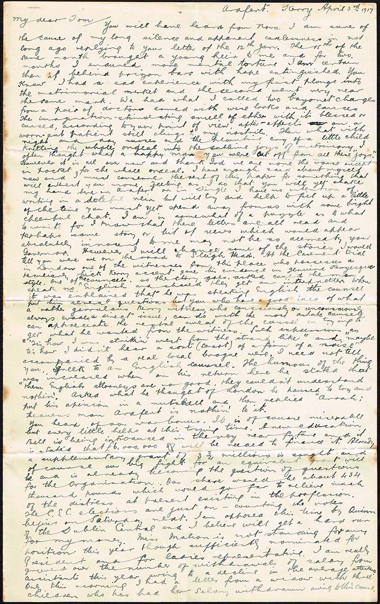 1916-1917. Collection of multi-correspondent letters to Thomas Ashe in Dartmoor and Lewes Prisons.  (7) at Whyte's Auctions