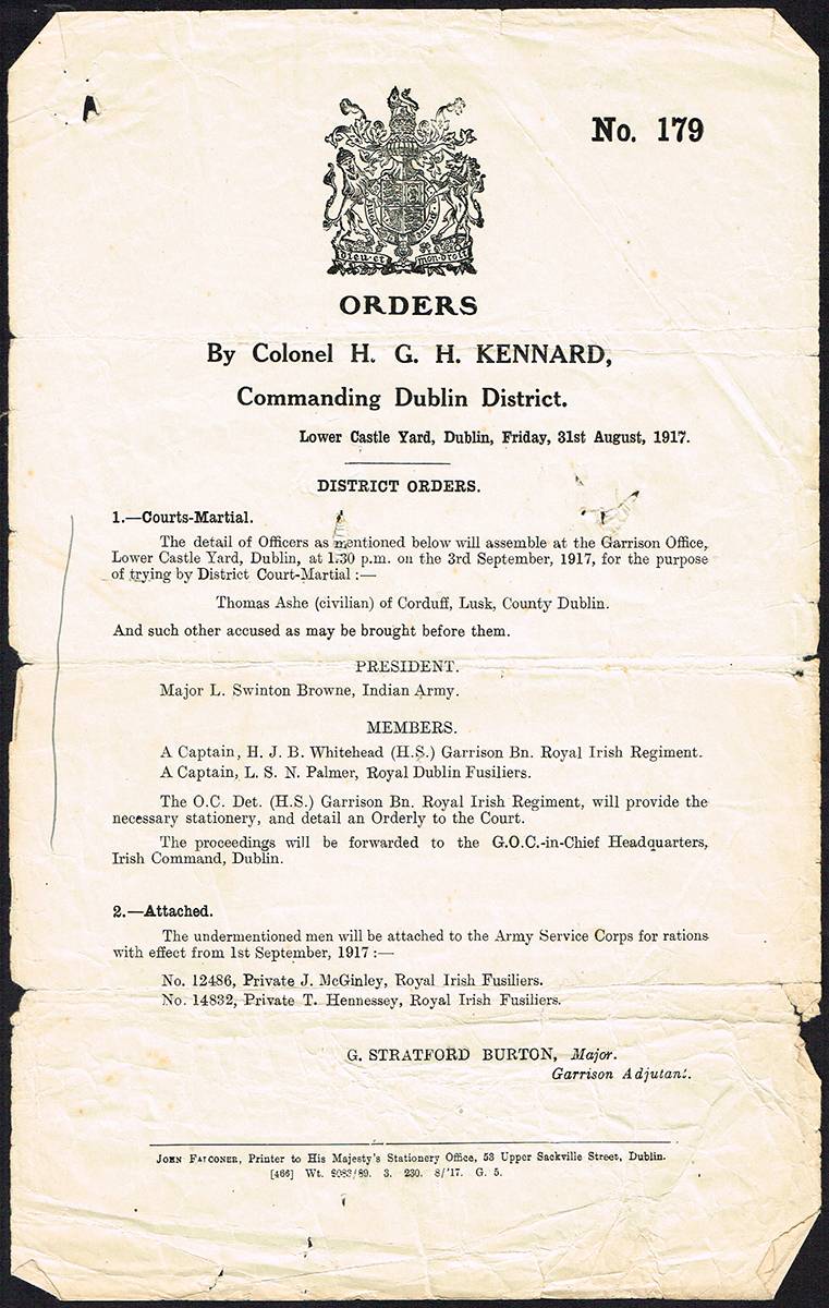 1917 (3 September). The Court Martial of Thomas Ashe - a collection of documents. at Whyte's Auctions