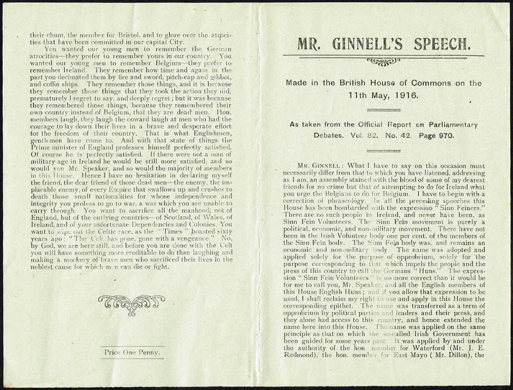 1916-1917. Collection of pamphlets including Bishop of Limerick And General Maxwell, Mr Ginnell's Speech etc.  (5) at Whyte's Auctions