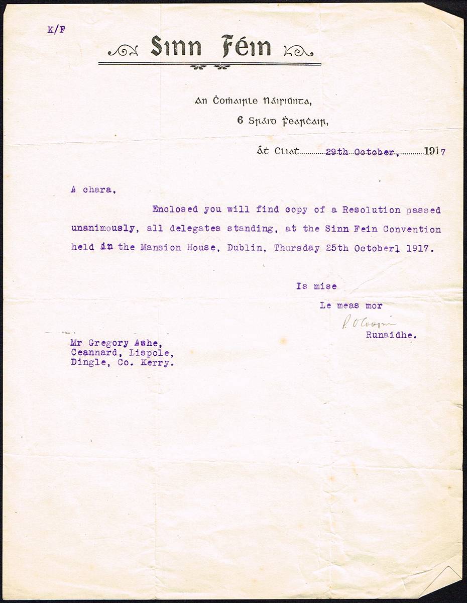 1917 (27 September to 29 October) range of resolutions passed by various organisations on the death of Thomas Ashe etc. (13) at Whyte's Auctions