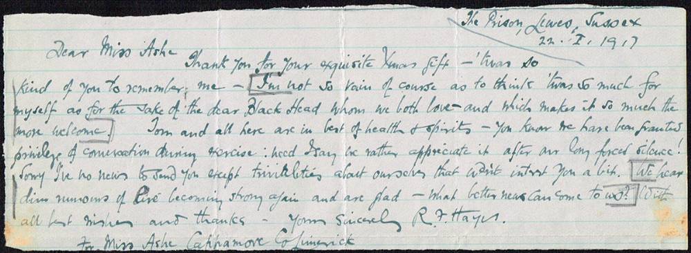1917 letters to Nora Ashe from Richard Hayes in prison, and Miceal O Aodha. at Whyte's Auctions