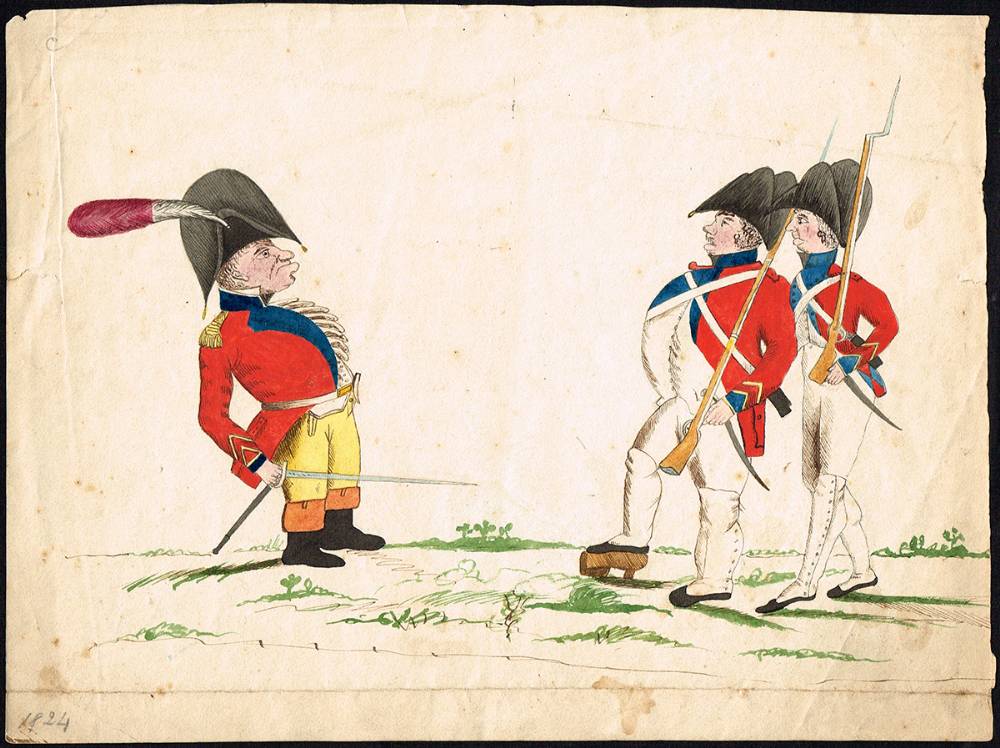 1824 caricature drawing of a military officer and two infantrymen. at Whyte's Auctions