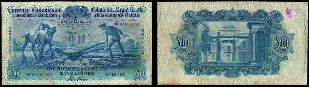Currency Commission 'Ploughman' Munster & Leinster Bank Ten Pounds, 5-12-31 at Whyte's Auctions