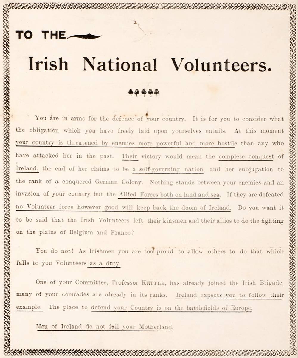 1914 Notice to the National Volunteers exhorting them to join the British forces in World War I. at Whyte's Auctions