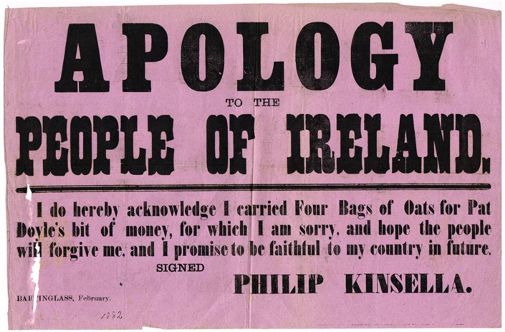 1882. Boycott campaign poster - Apology to The People of Ireland. at Whyte's Auctions