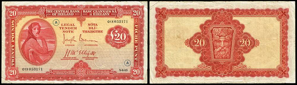 Central Bank 'Lady Lavery' Twenty Pounds, 5-4-43, War Code A. at Whyte's Auctions