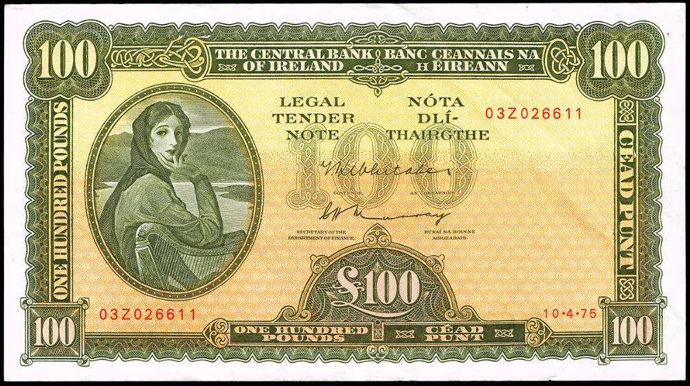 Central Bank 'Lady Lavery' One Hundred Pounds, 10-4-75, a sequential pair. at Whyte's Auctions