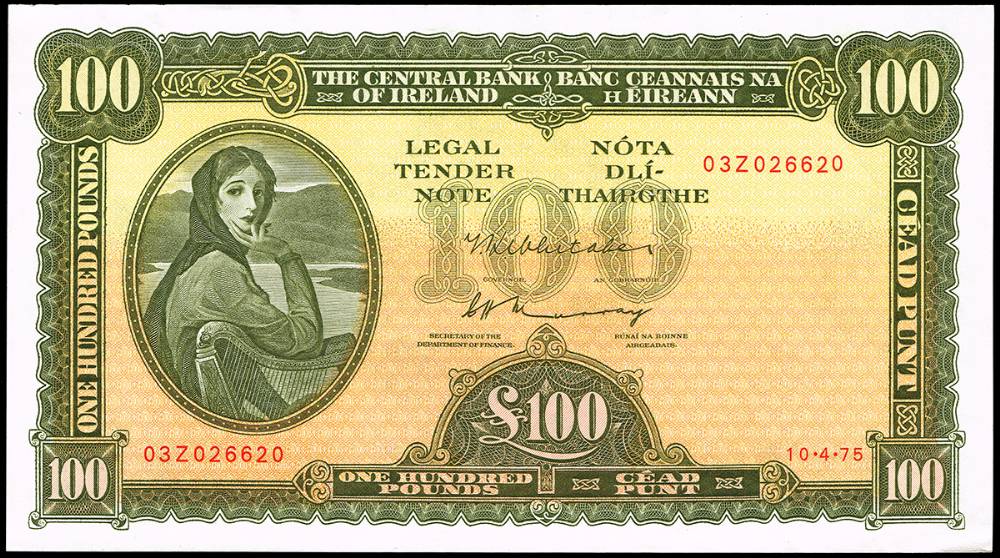 Central Bank 'Lady Lavery' One Hundred Pounds, 10-4-75, a sequential pair. at Whyte's Auctions