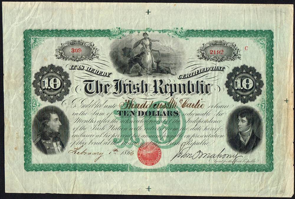 1866. The Irish Republic 'Fenian' Bond for Ten Dollars. at Whyte's Auctions