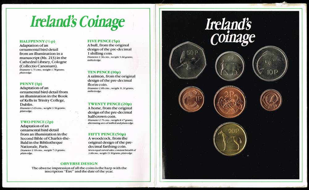 1986 Ireland's Coinage presentation folder with 1986 fifty pence to halfpenny mint set. at Whyte's Auctions