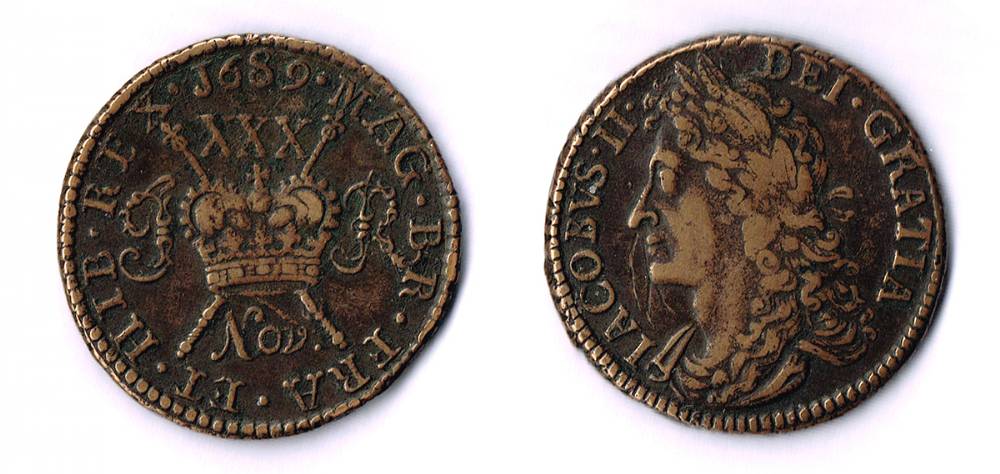 James II.  'Gunmoney' halfcrown, 1689 Nov., shilling 1689 and others. (4) at Whyte's Auctions