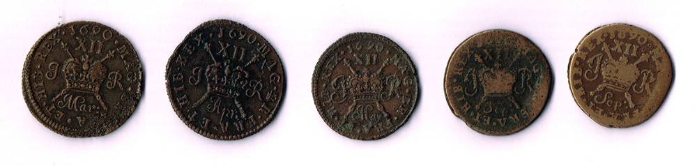 James II 'Gunmoney' shillings 1690 collection (5) at Whyte's Auctions