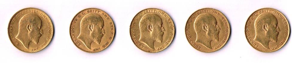 Edward VII gold sovereigns collection 1906-1910 complete (5) at Whyte's Auctions