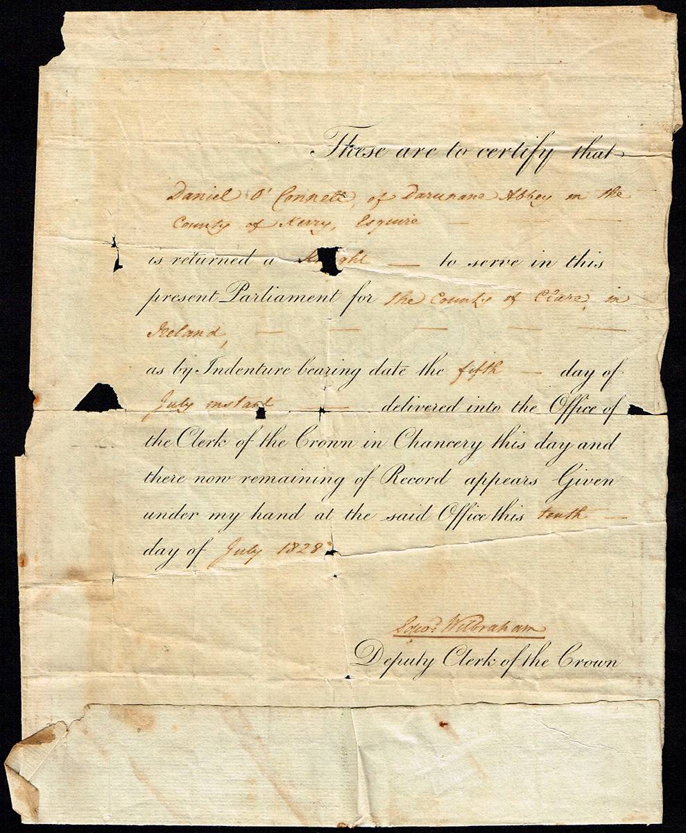 1828 (10 July) Certificate of Election of Daniel O'Connell for County Clare. at Whyte's Auctions