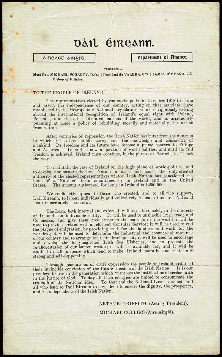 1919-1936 collection of documents including Michael Collins National Loan notice. (8) at Whyte's Auctions