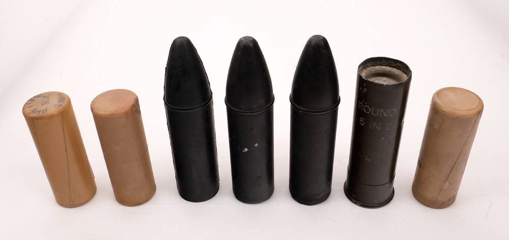 Circa 1980s rubber bullets (3) and baton rounds. (3) at Whyte's Auctions