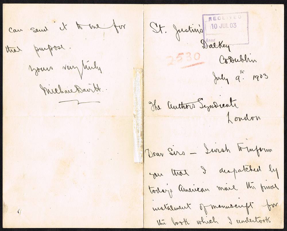 Michael Davitt signed letter concerning publication of Within the Pale, The True Story of Anti-Semitic Persecutions in Russia at Whyte's Auctions