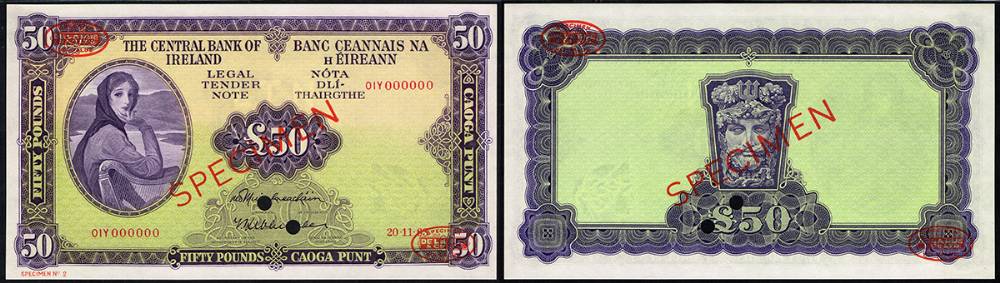 Central Bank 'Lady Lavery' Fifty Pounds specimen, 20-11-63 at Whyte's Auctions
