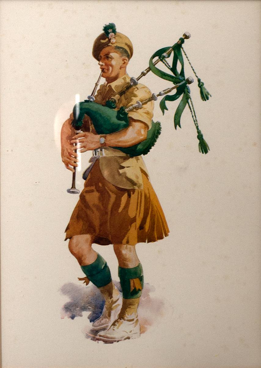 Royal Irish Fusiliers piper and an Irish Guardsman watercolours, also an oil of General Barrett when in the 19th Foot Regiment. at Whyte's Auctions
