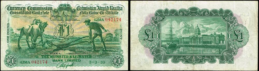 Currency Commission Consolidated Banknote 'Ploughman' Munster & Leinster Bank One Pound, 3-3-39 at Whyte's Auctions