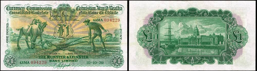 Currency Commission Consolidated Banknote 'Ploughman' Munster & Leinster Bank One Pound, 10-10-39 at Whyte's Auctions