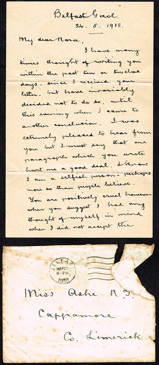 1918 (25 May) Letter from Austin Stack in Belfast Prison to Nora Ashe at Whyte's Auctions