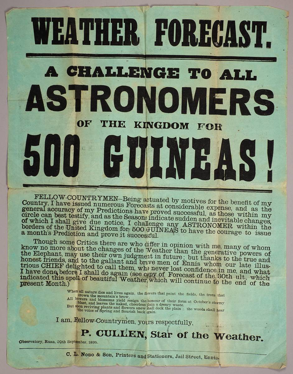 1895 (20 September). Poster 'WEATHER FORECAST - A CHALLENGE TO ALL ASTRONOMERS' at Whyte's Auctions