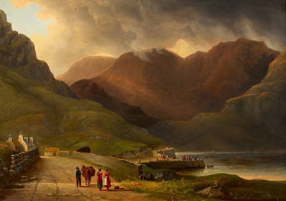 FIGURES WALKING TOWARDS A HARBOUR IN A MOUNTAINOUS LANDSCAPE at Whyte's Auctions
