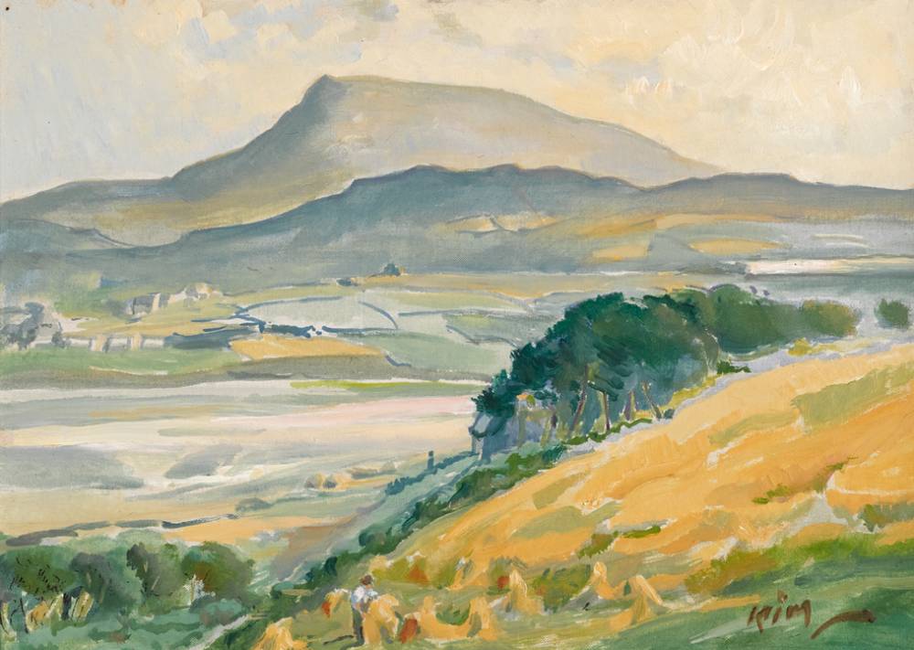 CUTTING THE CORN, MUCKISH FROM HORN HEAD, COUNTY DONEGAL, 1937 by Kathleen Isabella Mackie ARUA (1899-1996) at Whyte's Auctions