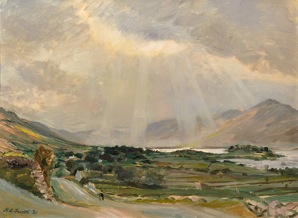 LANDSCAPE WITH SUN BREAKING THROUGH CLOUDS, 1961 by Hubert Andrew Freeth RA (British, 1912-1986) at Whyte's Auctions