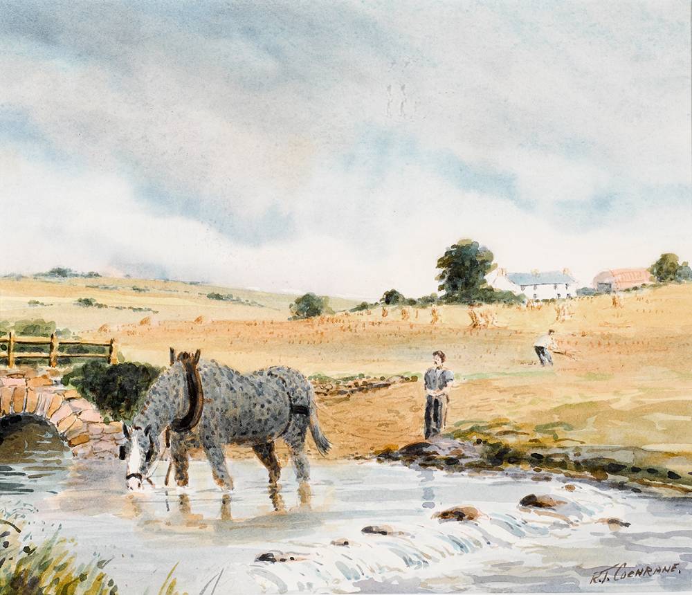 HORSE WATERING AT A RIVER and COTTAGES IN A LANDSCAPE (A PAIR) by R.T. Cochrane  at Whyte's Auctions