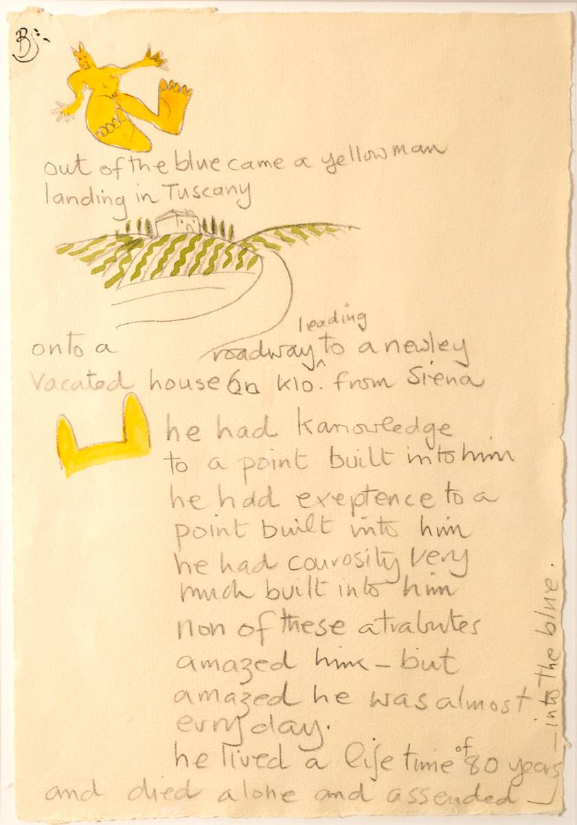 YELLOW MAN LANDING IN TUSCANY and YELLOW MAN WRITES A BOOK (A PAIR) by Pauline Bewick RHA (1935-2022) at Whyte's Auctions