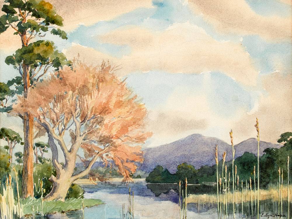 LANDSCAPE WITH REEDS AND WATER AND MOUNTAINS IN THE DISTANCE by E. Lyn Hope (fl.1938-1959) at Whyte's Auctions