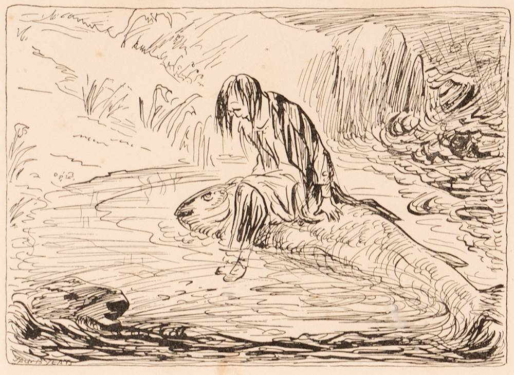 SHE WAS SEATED ON THE BACK OF A HUGE SALMON [ILLUSTRATION TO THE TURFCUTTER'S DONKEY 1934] by Jack Butler Yeats RHA (1871-1957) RHA (1871-1957) at Whyte's Auctions