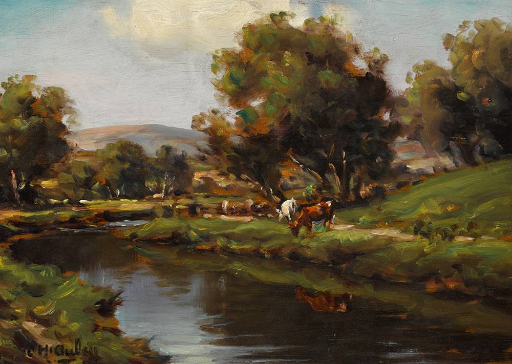 CATTLE WATERING WITH MOUNTAINS IN THE DISTANCE by Charles J. McAuley RUA ARSA (1910-1999) RUA ARSA (1910-1999) at Whyte's Auctions