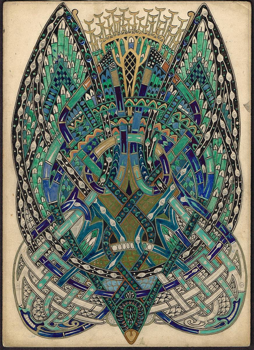 THE TAJIDAR - SACRED BIRD, CELTIC DESIGN ILLUSTRATION (c.1940) and SEASCAPE WOODCUT PRINT (1934) by Art O'Murnaghan (1875-1953) (1875-1953) at Whyte's Auctions