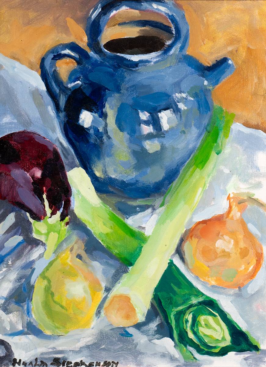 BLUE KETTLE AND VEGETABLES by Nuala Stephenson (1921 - 2010) at Whyte's Auctions