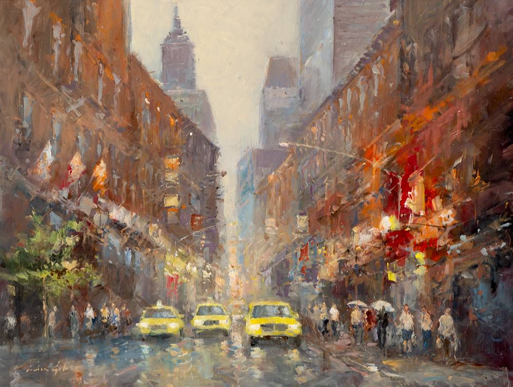 TAXIS, TWILIGHT RAIN, NEW YORK, 2020 by Colin Gibson RUA (b.1948) at Whyte's Auctions