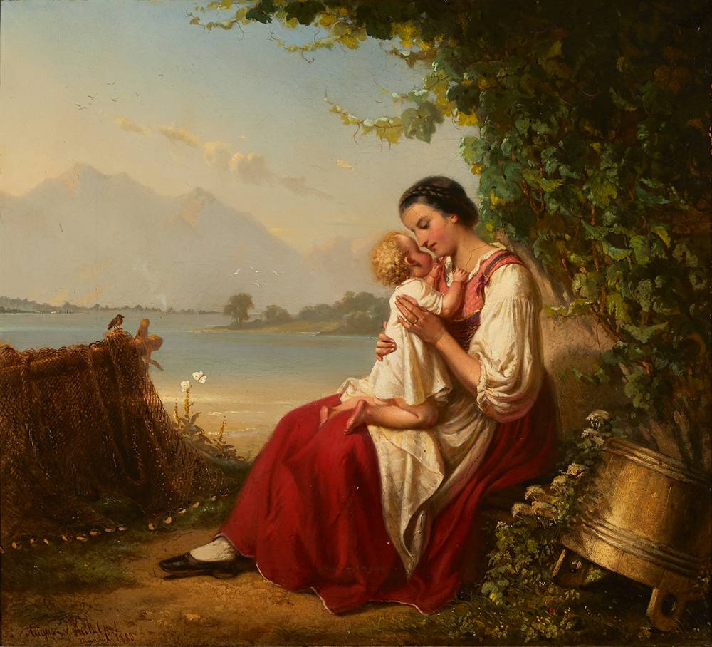 MOTHER AND CHILD BY FISHING NETS WITH MOUNTAINS IN THE DISTANCE, 1853 by August von Heckel (German 1824-1883) at Whyte's Auctions