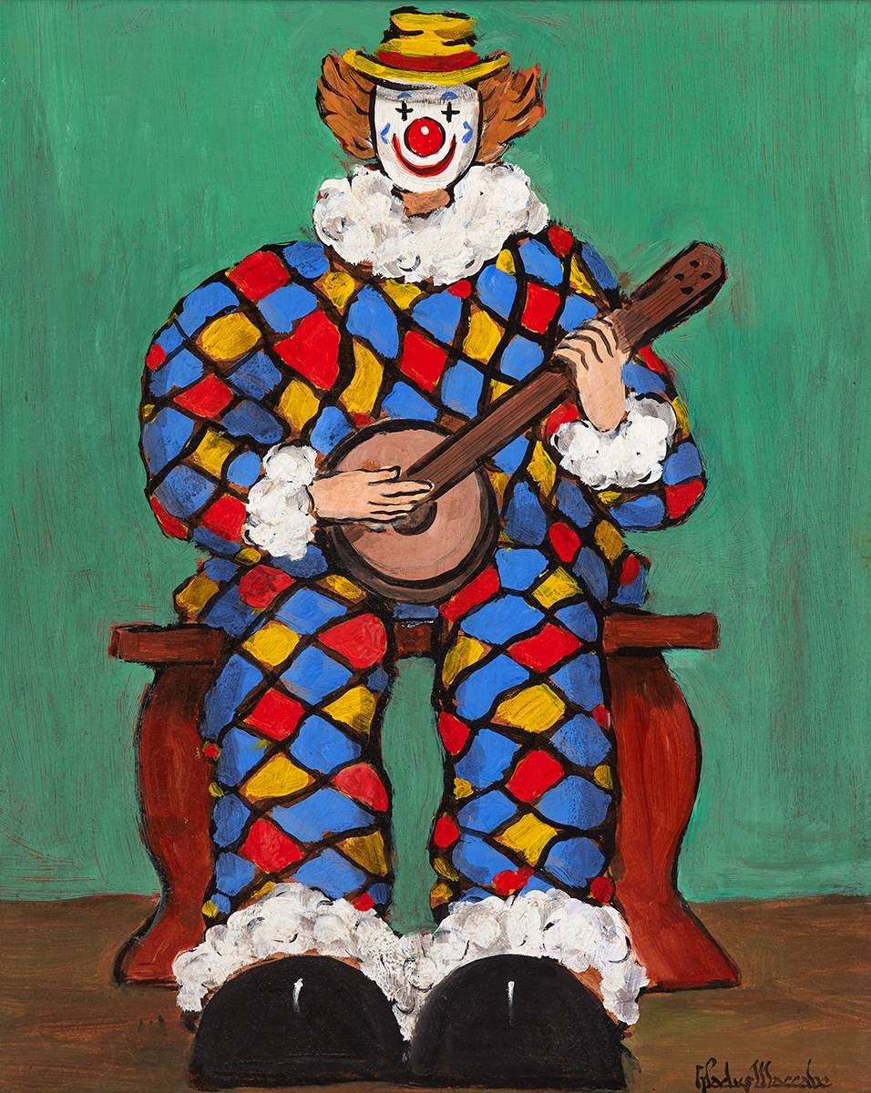 SEATED CLOWN WITH BANJO by Gladys Maccabe MBE HRUA ROI FRSA (1918-2018) at Whyte's Auctions